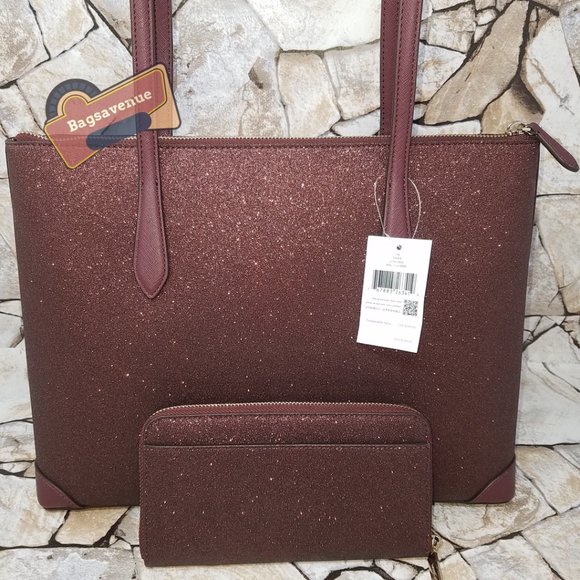 ✨ Shimmy Glitter Top Zip Tote Shoulder Bag Deep Nova Burgundy Wallet Kate spade - Picture 14 of 16